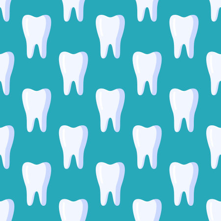 Vector illustration of teeth pattern. White teeth on turquoise background. Vector teeth seamless illustration. Dental wallpaper.のイラスト素材