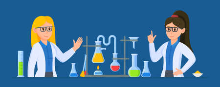 Vector illustration of women scientist. Conducting experiments in a laboratory. Chemical reaction.のイラスト素材