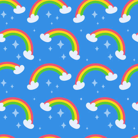 Vector illustration of a rainbow pattern. Print of rainbows isolated on a blue background. Beautiful children's pattern.のイラスト素材