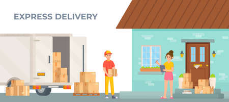 Vector illustration of the concept of express delivery. A car with parcels arrives at the girl's house. The courier hands over the order. Painting.のイラスト素材