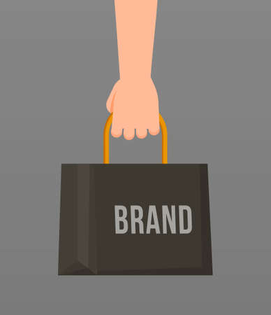 Vector illustration of paper bag in hand. A hand holding a branded black bag on a brown background. Expensive and popular brand.のイラスト素材