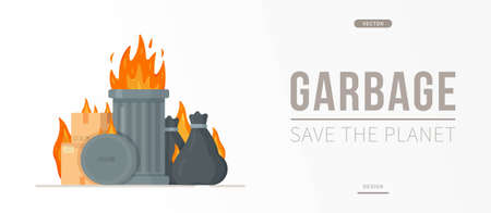 Vector illustration of fire trash banner. Concept of burning trash and trash can. Not eco-friendly. Not following the rules. Fallen.のイラスト素材