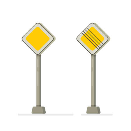 Vector illustration of isolated road signs. Sign of the beginning and end of the main road. Yellow rhombus on a metal pipe.のイラスト素材