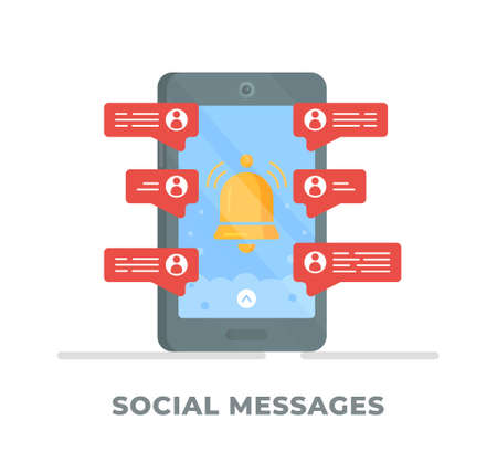 Vector illustration of social messages. Text notifications of online chat messages on your cell phone. Phone isolated on white background.のイラスト素材
