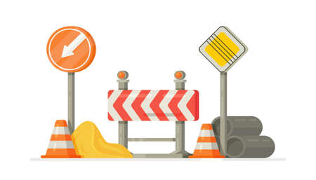 Vector illustration of site construction. Devices for different construction work and road repair. A collection of construction signs.のイラスト素材