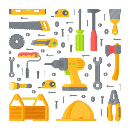 Vector illustration of a set of different tools and appliances for repairs. Tool set consisting of: hammer, ax, nails, flashlight, saw, screwdriver, drill, and the rest. Stock vector illustration set isolated icons building tools repairのイラスト素材