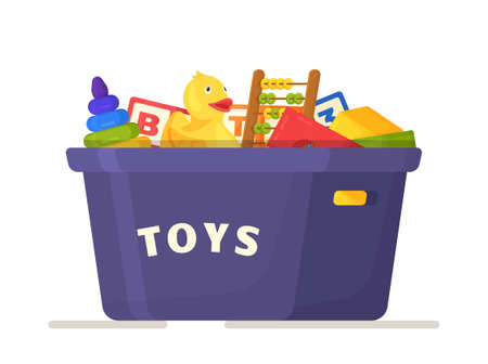 Vector illustration of toys box. Blue box with different toys for children isolated on white background. Cleaning in the children's room. Developmental games.のイラスト素材