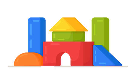 Vector illustration of children's cubes. Colorful wooden blocks toy, building game set castle and house. Bright and beautiful figures to play with.のイラスト素材