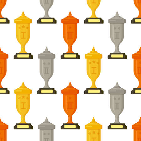 Vector illustration of the pattern of gold cups isolated on a white background. champion. Seamless drawing of cups for first place. Winnerのイラスト素材