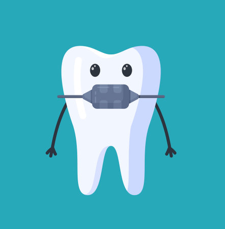 Vector illustration of braces character. Isolated on blue background white tooth with braces. Teeth alignment. Complex orthodontic fixed constructions for correcting the position of teeth.のイラスト素材