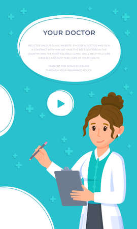 Vector illustration of the doctor flyer. An advertisement for recruiting doctors for a new hospital. Family Doctor. Girl doctor with tablet in hand isolated on white and blue background.のイラスト素材