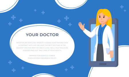Vector illustration of the doctor template. Personal Doctor. Family doctor. Photo of the doctor in an isolated phone on a white and blue background. Doctor questionnaire.のイラスト素材
