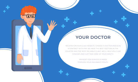 Vector illustration of the medicine template. The concept of a personal doctor. Doctor or hospital advertisement. Need a family doctor. Doctor with red hair in phone isolated on white and blue background.のイラスト素材