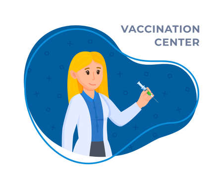 Vector illustration of vaccination doctor. The concept of vaccinating people to maintain immunity. Young female doctor with a syringe in her hand. Concept on white and blue background.のイラスト素材