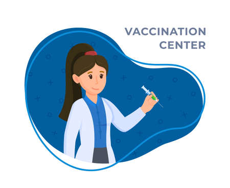 Vector illustration of vaccination doctor. The concept of vaccinating people to maintain immunity. Young female doctor with a syringe in her hand. Concept on white and blue background.のイラスト素材