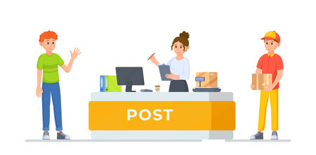Vector illustration visit post. Post office concept. Picking up a parcel from the post office. Ordering online.のイラスト素材