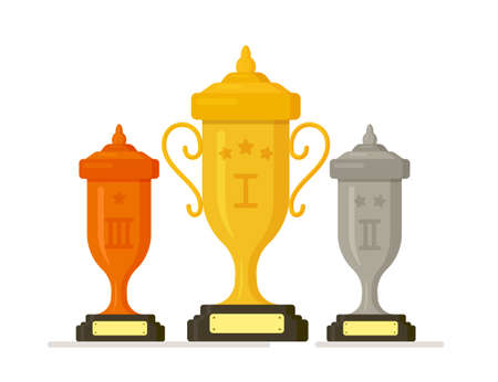 Vector illustration of the winner's trophy badge. The gold cup vector is a symbol of victory in a sporting event. Three cups for first, second and third placeのイラスト素材
