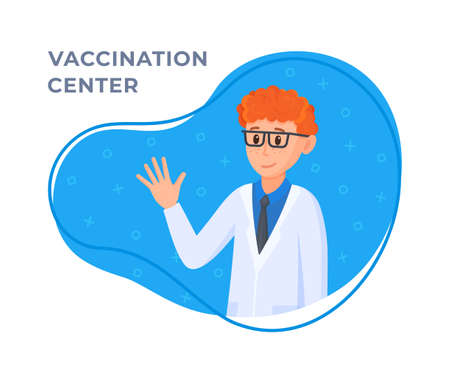 Vector illustration of a vaccine doctor. Concept of an isolated doctor on a white and blue background. Drawing of vaccinating people to maintain immunity. Prevention and immunizationのイラスト素材
