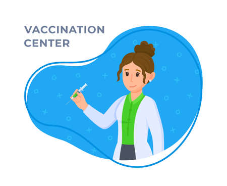 Vector illustration of vaccination doctor. The concept of vaccinating people to maintain immunity. Young female doctor with a syringe in her hand. Concept on white and blue background.のイラスト素材