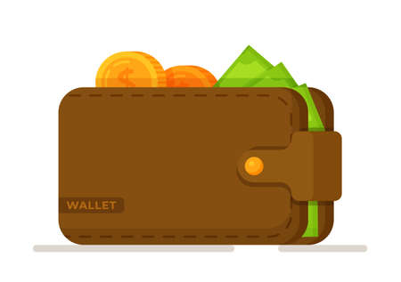 Vector illustration of bitcoin in a wallet. Brown wallet with green paper money. Wallet with money dollar bills flat design insulated. Online payment concept.のイラスト素材