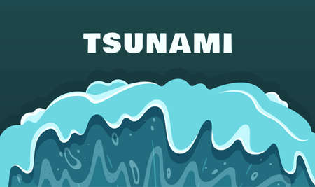 Vector illustration of tsunami banner. Dark blue banner. Natural disaster. Catastrophe. Natural disaster. Concept on a white background. Large waves from the sea or ocean.のイラスト素材