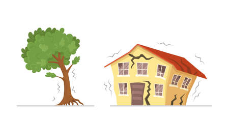 Vector illustration of the earthquake. Yellow earthquake sprayed house isolated on white background. Broken yellow house and broken tree from earthquake isolated on white background.のイラスト素材