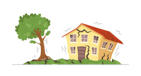 Vector illustration of house earthquakes. Concept on white background of earthquake effects. Broken trees, sprayed house, strong wind.のイラスト素材