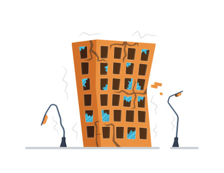 Destroyed city buildings, roads, streetlights. Apartment house isolated on white background. Consequences of a natural disaster or cataclysm. Vector illustration of building earthquakes.のイラスト素材