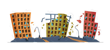 Vector illustration of the city earthquake. Destroyed city buildings, roads, streetlights. Consequences of a natural disaster or cataclysm. Ruins with destroyed houses.のイラスト素材