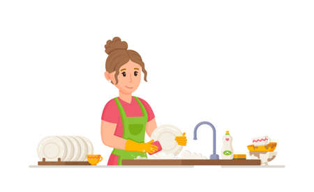 Vector illustration of housewife washing dishes. Housewife washing dishes in the kitchen in a good mood. Spending the weekend with benefit. Cartoon flat design on white background.のイラスト素材