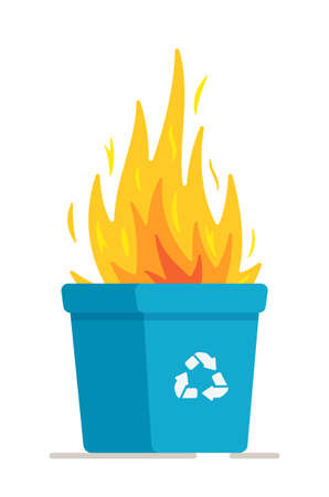Vector illustration can fire. Blue recycling tank burns on a white background. Garbage drop off. Failure to follow safety rules. Consequence. Natural disaster.のイラスト素材