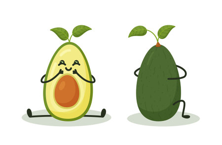 Cute and shy avocado on both sides. Vector illustration of avocado characters. Isolate on white...