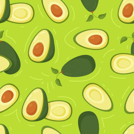A beautiful and vibrant avocado pattern. Vector illustration of a seamless pattern of green avocados with and without pips. Whole avocados and halves.のイラスト素材