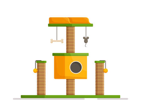 Coop with a cat house, toys and a seat. Vector illustration of cat home. Isolated on white background large cat house.のイラスト素材