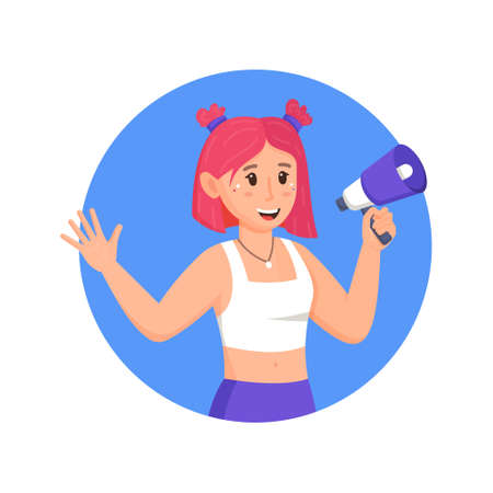Avatar of a girl blogger. Photo for social networks. Vector illustration of a girl with pink hair in a blue circle on a white background.のイラスト素材