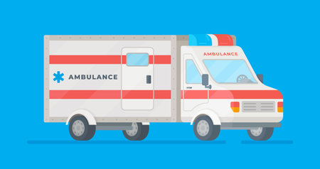 Vector illustration of a medical car on a blue background. First aid. First aid ambulance ambulance paramedic.のイラスト素材