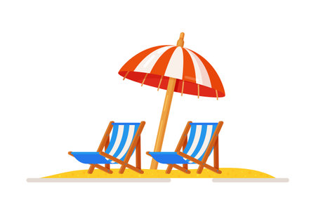 Vector illustration of a recliner on the sand under an umbrella. Recreation and travel concept. Beach umbrella, sun lounger.のイラスト素材