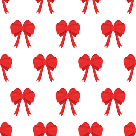 Vector illustration of bow pattern. Seamless pattern of red bows isolated on white background. New Year's decor for Christmas tree or gifts.のイラスト素材