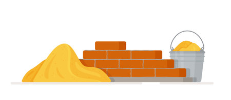 Vector illustration of brick masonry. Flat design for home renovation. Cement trowel and brick wall insulated on white background.のイラスト素材