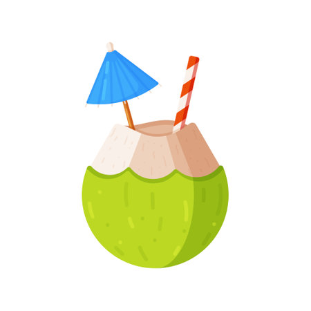 Vector illustration of fresh coconut. Coconut water drink, green coconut isolated on white background. Cocktail in coconut with straw and umbrellaのイラスト素材