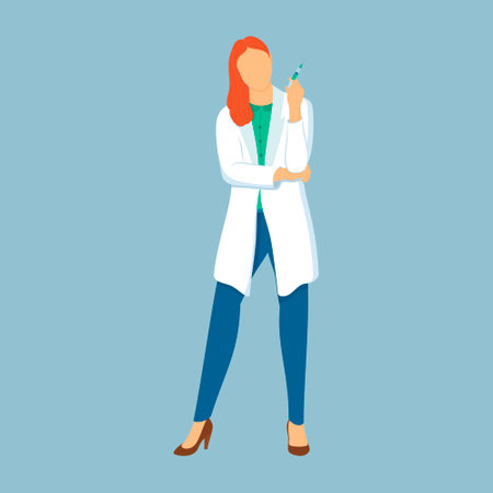 Vector illustration of an isolated female doctor. Pediatrician, virologist with a syringe in his hand, about to be vaccinated.のイラスト素材