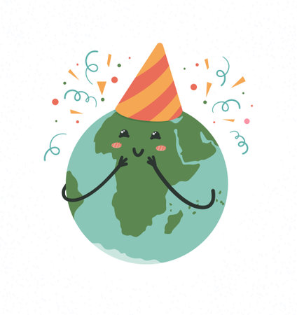 Earth Birth Day. April 22. Vector illustration of a festive Earth. Drawn. Poster. Banner. Cute Planet Earth is celebrating its birthday.のイラスト素材