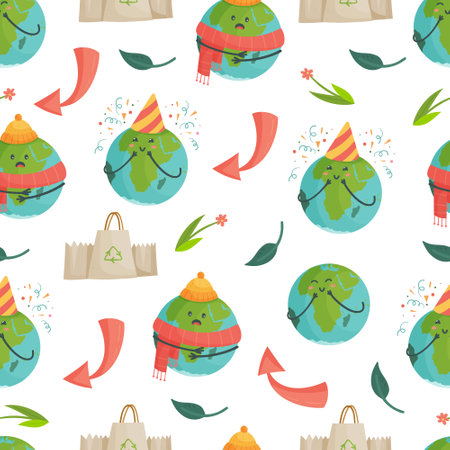 Vector pattern with characters of planet Earth. Seamless background on the theme of ecology and nature protection.のイラスト素材