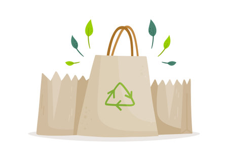 Vector illustration with three paper bags. Concept on the theme of recycling. Household items to be recycled.のイラスト素材
