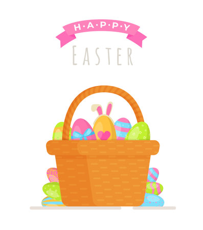 Vector illustration of preparing a basket for St. Easter. A feast for the faithful. weather to church. Egg, basket, holiday, faith.のイラスト素材