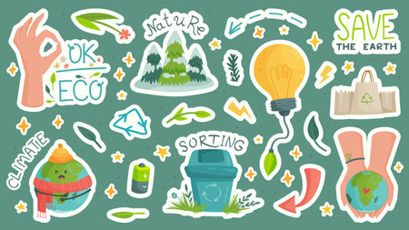 Vector set of stickers about ecology and resource conservation. Modern sticker pack in a flat style. Elements of man and nature in interaction for good.のイラスト素材