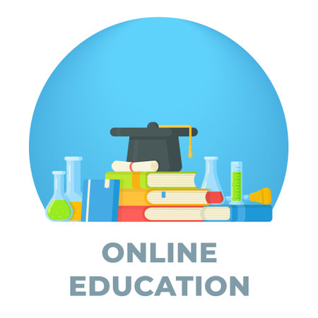 Online chemistry lessons. Vector illustration back to school. Preparation for exams. Master's cap.のイラスト素材