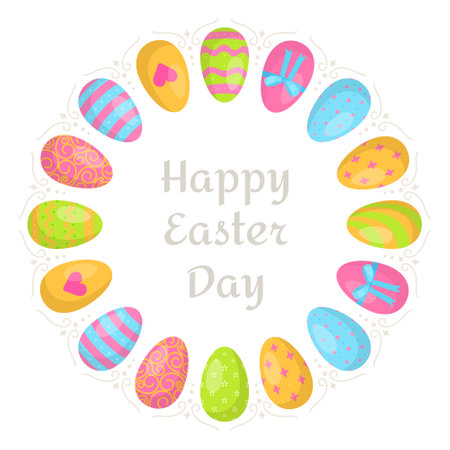 Circle of Easter Eggs. Vector illustration of a drawing for the holiday for the faithful. Collecting a basket to the church for consecration.のイラスト素材