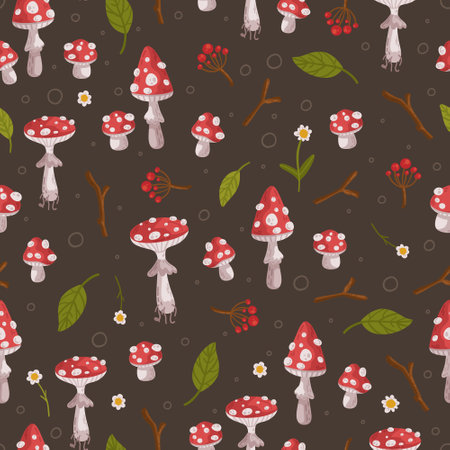 A fly swatter pattern on a brown background. Vector illustration of a print of poisonous mushrooms. Dangerous red and white mushrooms. Fly agaric mushrooms.のイラスト素材