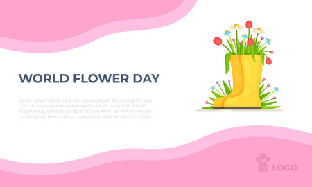 Boots for the garden. Vector illustration of garden trees and flowers gardens. yellow garden boots on pink background.のイラスト素材